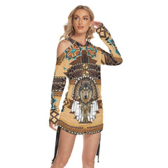Tribe Wolf All Over Print Women One Shoulder Dress With Waist Shirring, Long Hoodie For Women - Wonder Skull