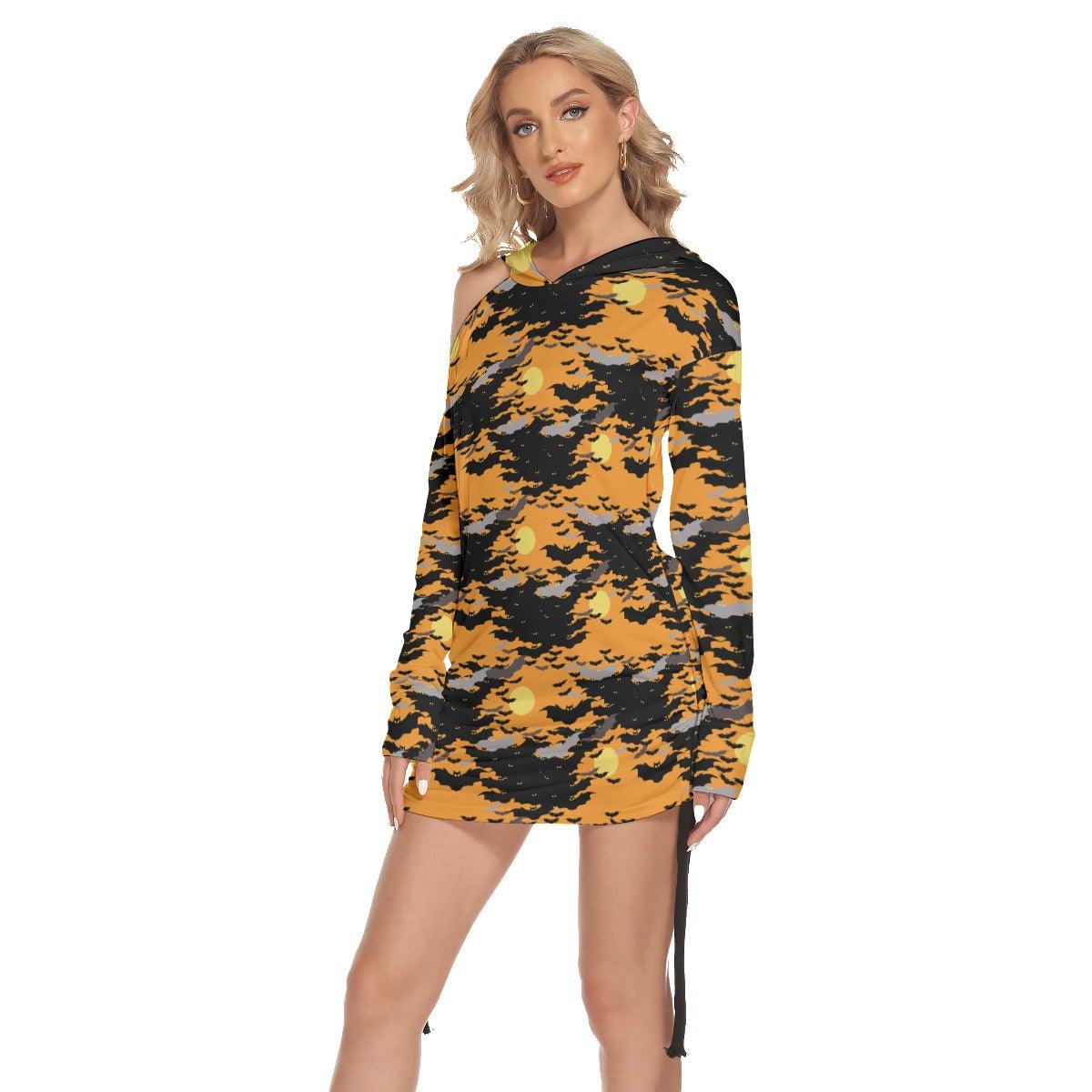 Halloween Bat Crowded All Over Print Women One Shoulder Dress With Waist Shirring, Long Hoodie For Women -Wonder Skull