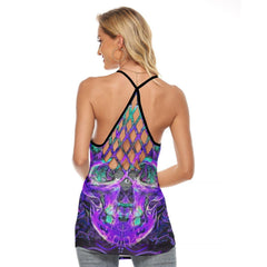 Water Flow Skull Criss-Cross Open Back Tank Top, Coolest T-Shirt For Women - Wonder Skull