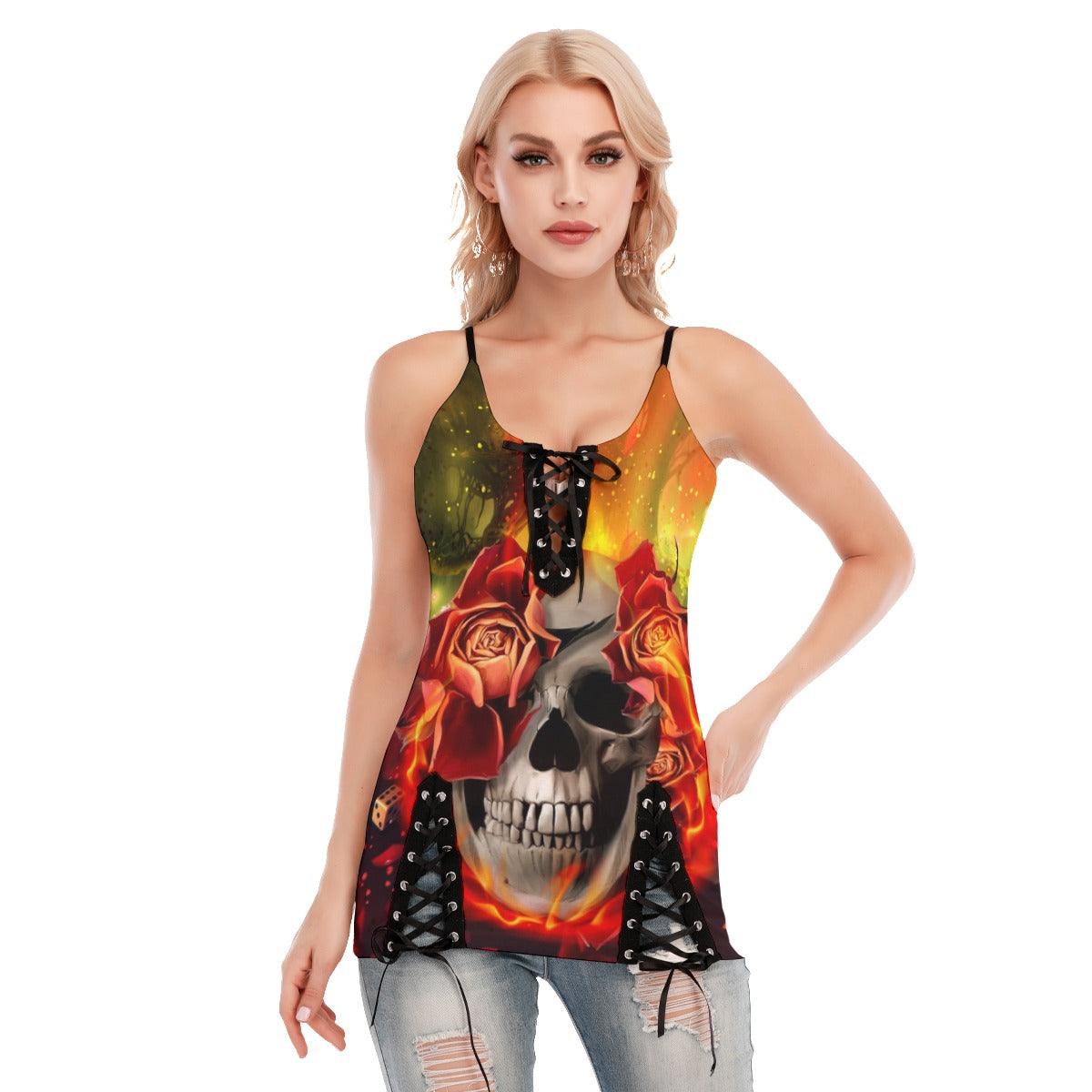 Skull Rose Galaxy Gothic Eyelet Lace-up Letter Dress - Wonder Skull