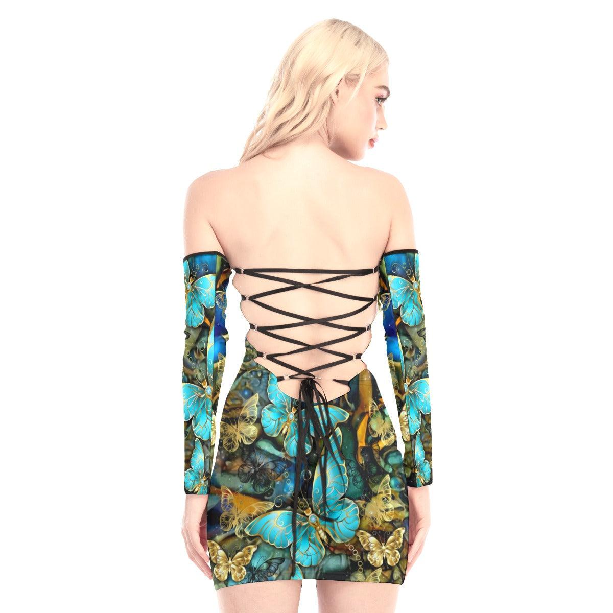 Blue Gold Butterflies Off-shoulder Back Lace-up Dress - Wonder Skull