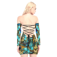 Blue Gold Butterflies Off-shoulder Back Lace-up Dress - Wonder Skull