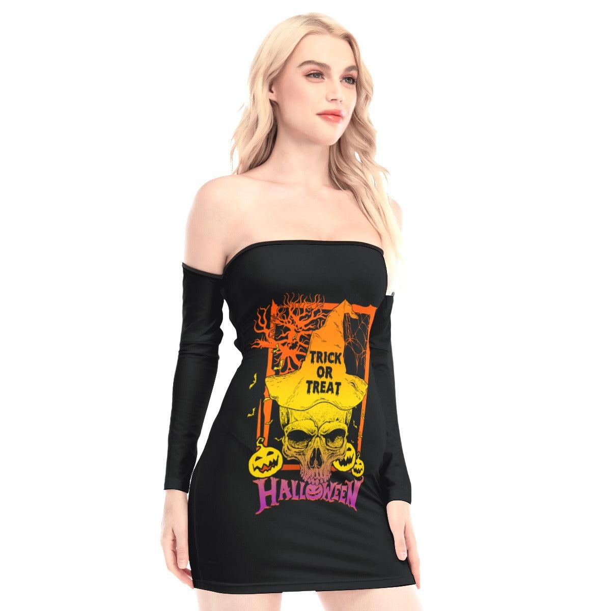 Halloween Skull Off-shoulder Back Lace-up Dress - Wonder Skull