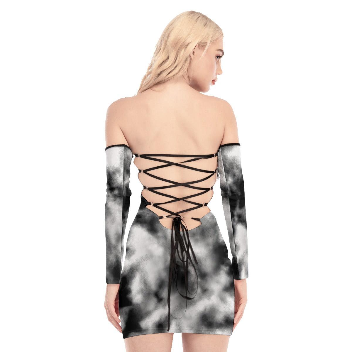 Skull Rose Red Tie Dye Off-shoulder Back Lace-up Dress - Wonder Skull