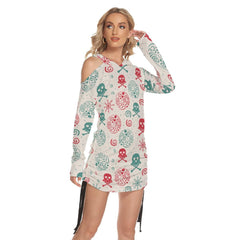 Christmas Skull Berries Print Open Shoulder Dress-Wonder Skull