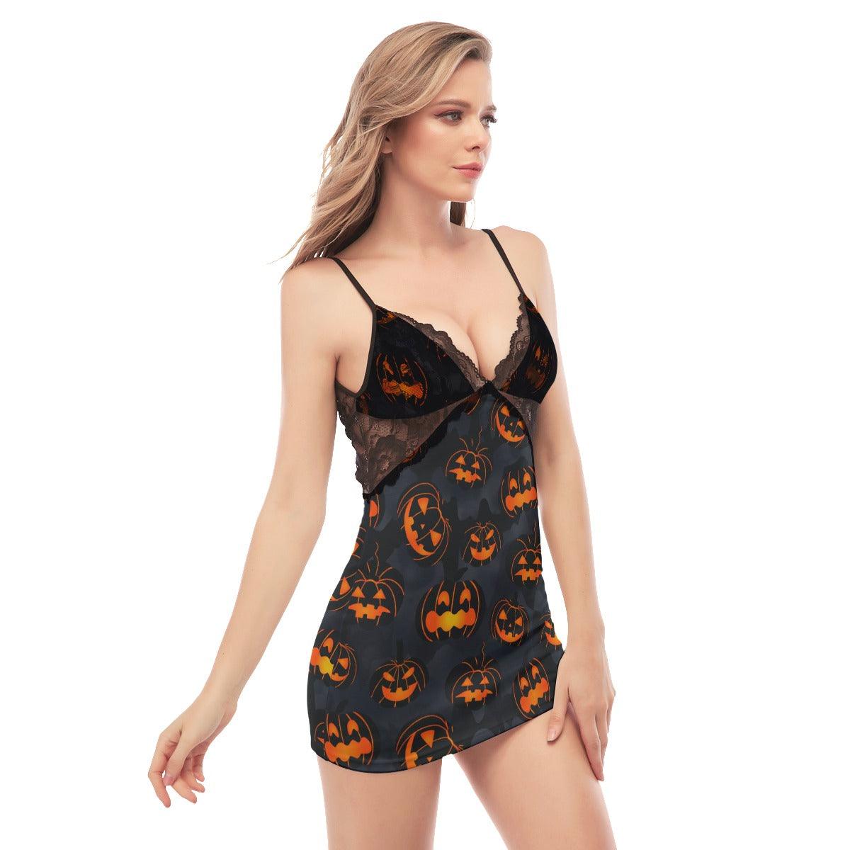 Halloween Pumpkin Pattern Lace Chemise Nightgown - Wonder Skull