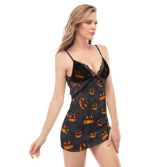 Halloween Pumpkin Pattern Lace Chemise Nightgown - Wonder Skull