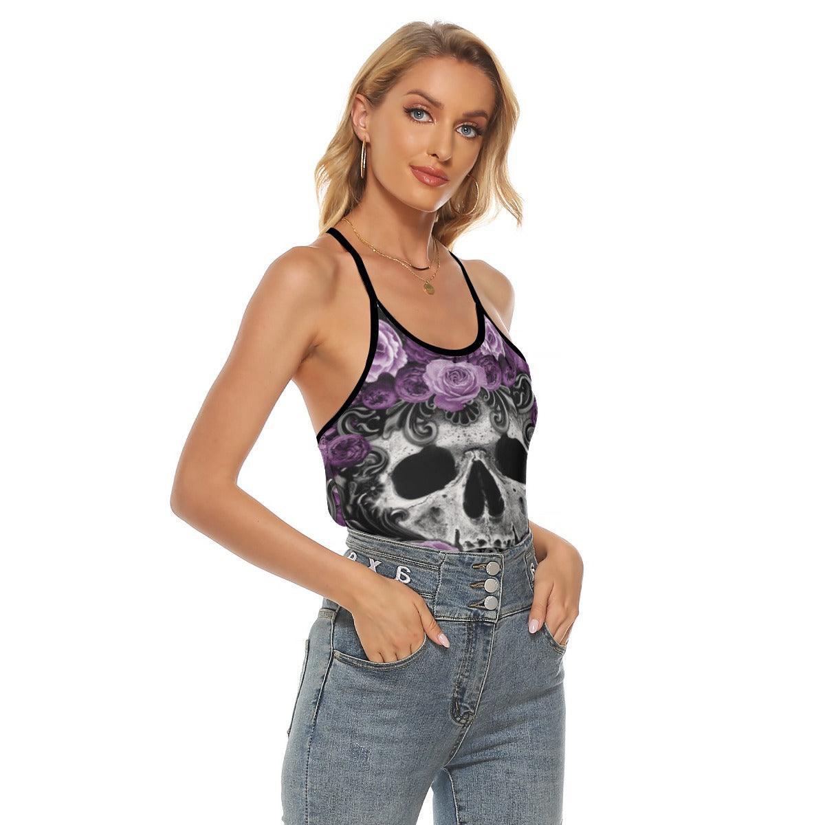 Gothic Skull Purple Roses Criss-Cross Open Back Tank Top, Coolest T-Shirt For Women - Wonder Skull