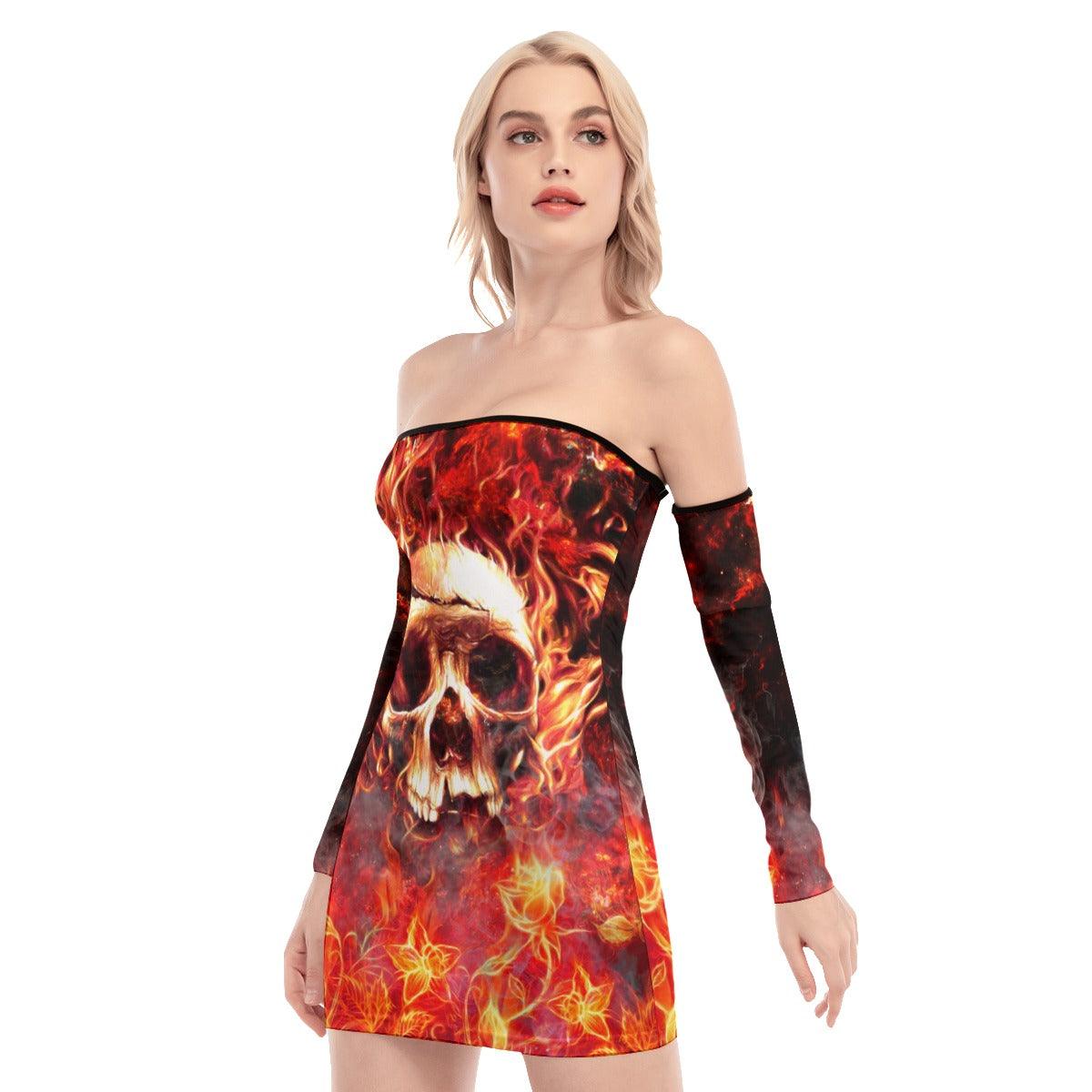 Skull Sugar Fire Off-shoulder Back Lace-up Dress - Wonder Skull