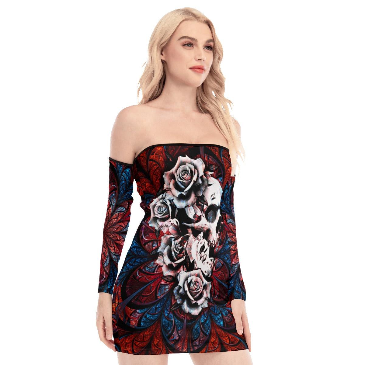 Skull Sugar Rose Gothic Off-shoulder Back Lace-up Dress - Wonder Skull