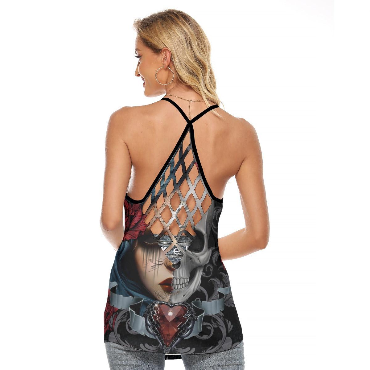 Vintage Gothic Girl Skull Rose Criss-Cross Open Back Tank Top, Coolest T-Shirt For Women - Wonder Skull