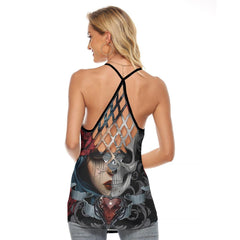 Vintage Gothic Girl Skull Rose Criss-Cross Open Back Tank Top, Coolest T-Shirt For Women - Wonder Skull