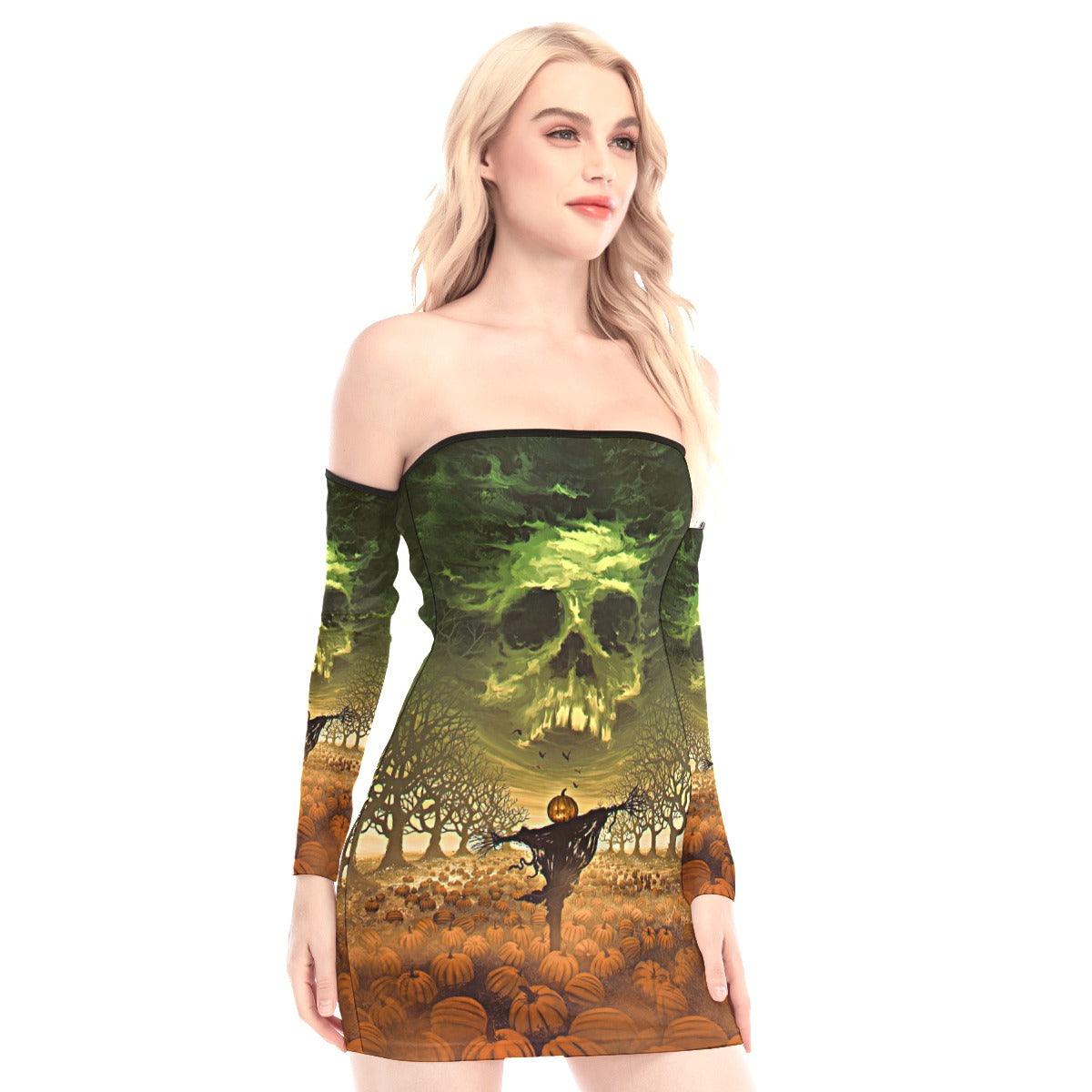 Halloween Skull Pumpkin Off-shoulder Back Lace-up Dress - Wonder Skull