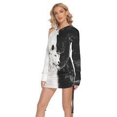 Black White Wolf All Over Print Women One Shoulder Dress With Waist Shirring, Long Hoodie For Women - Wonder Skull