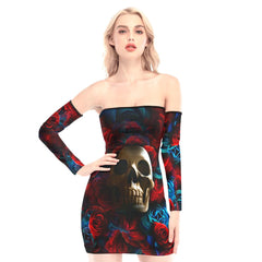 Blue And Red Roses Off-shoulder Back Lace-up Dress - Wonder Skull