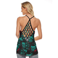 Negative Skull Gothic Criss-Cross Open Back Tank Top, Coolest T-Shirt For Women - Wonder Skull