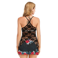 Red Rose Spider All-Over Print Women Black Lace Cami Dress - Wonder Skull