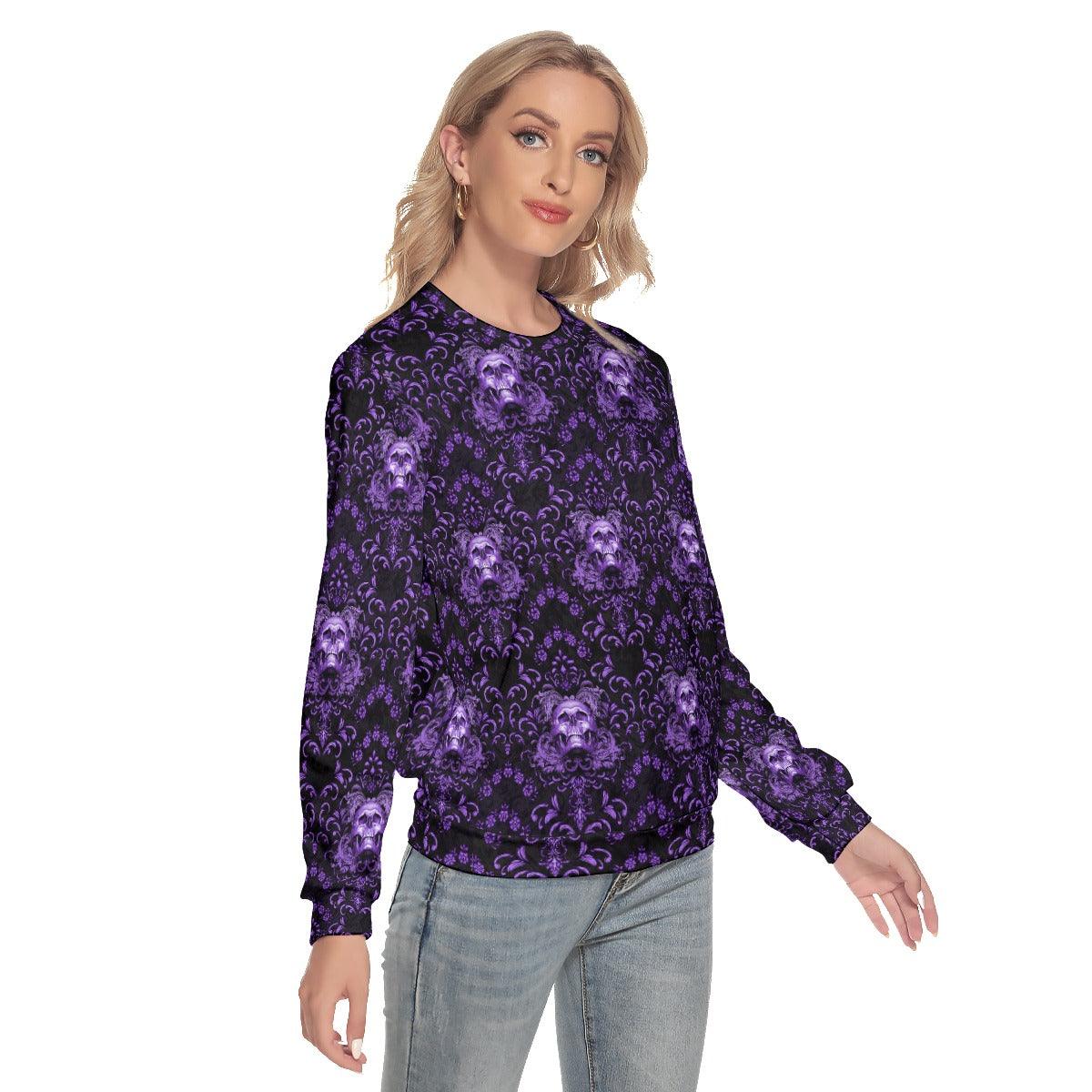 Purple Skull Ornament Flower Slim Round Neck Sweatshirt - Wonder Skull
