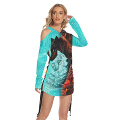 Fire Snow Wolf Fire All Over Print Women One Shoulder Dress With Waist Shirring, Long Hoodie For Women - Wonder Skull