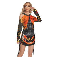 Halloween Witchy Pumpkin All Over Print Women One Shoulder Dress With Waist Shirring, Long Hoodie For Women - Wonder Skull