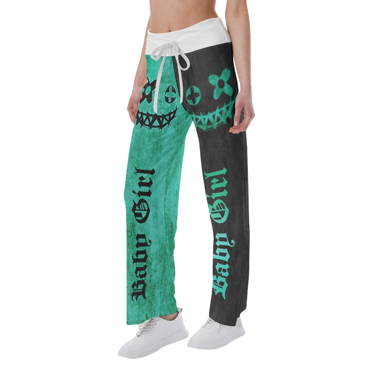 Green Black Skull Face High-waisted Straight-leg Trousers - Wonder Skull