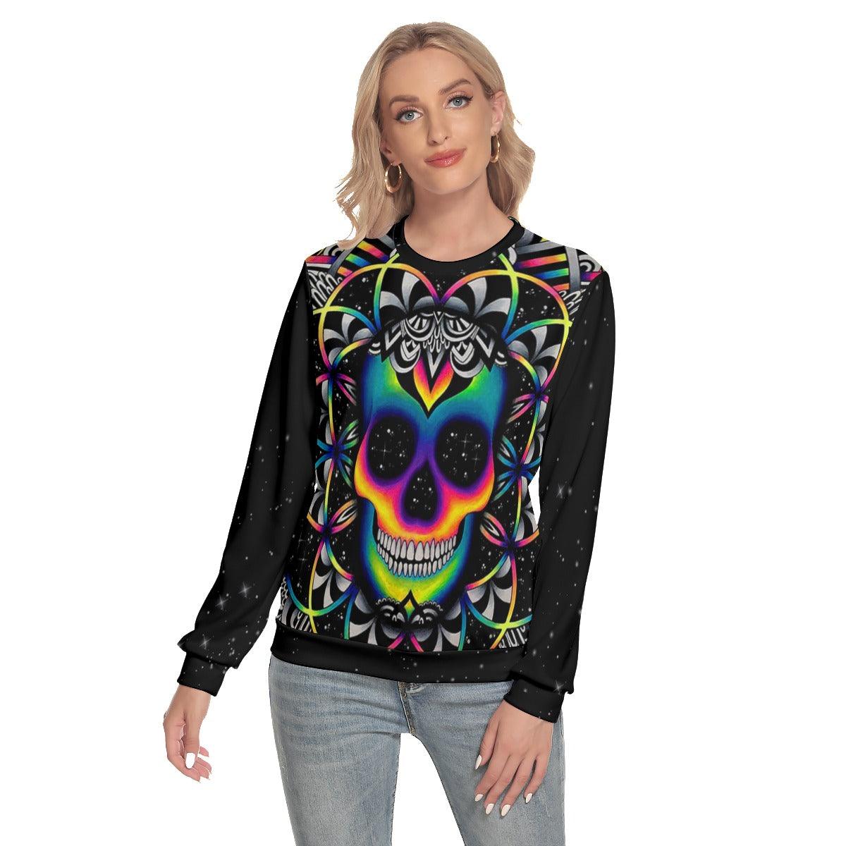 Colorful Mandala Skull Slim Round Neck Sweatshirt - Wonder Skull