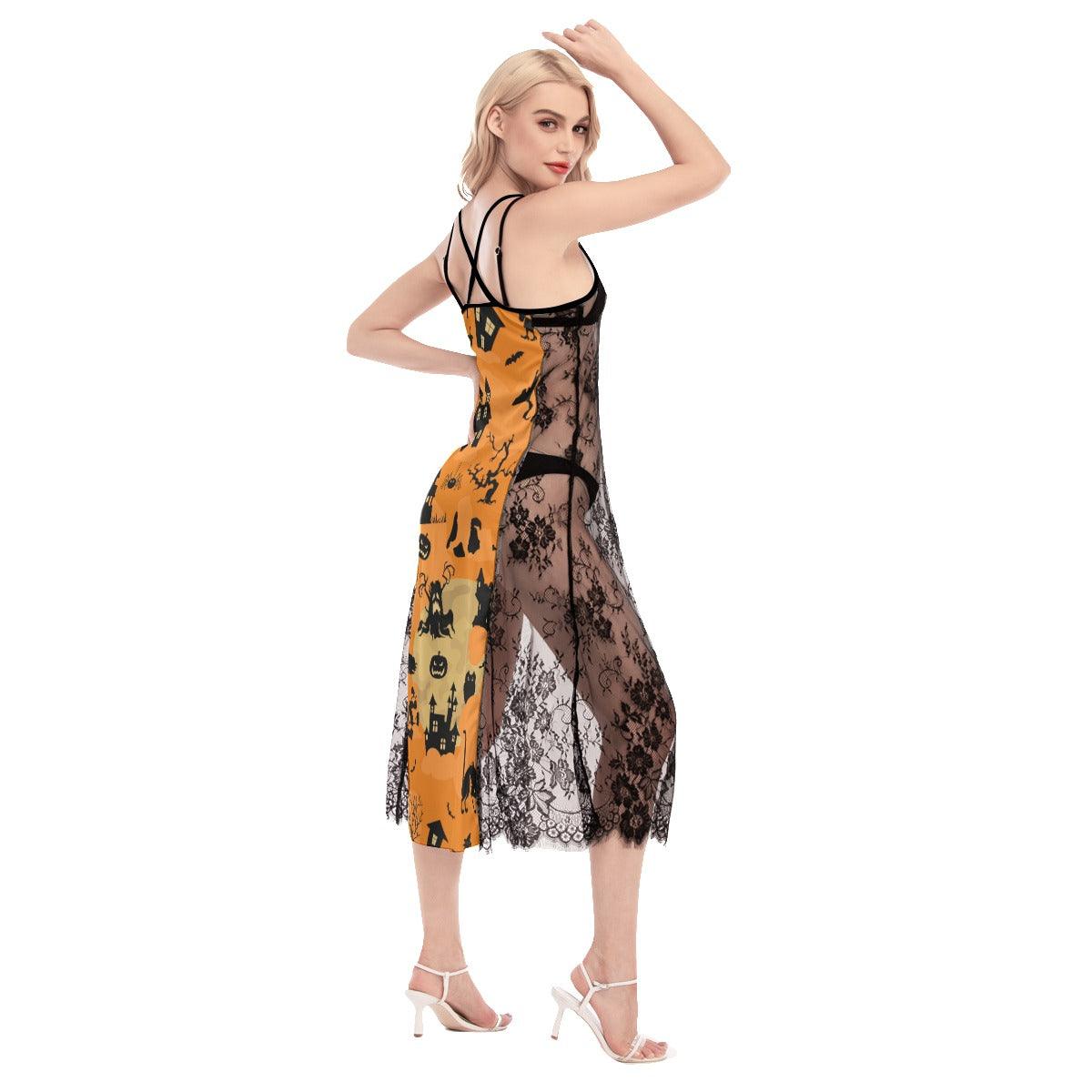 Halloween Castle Seamless All-Over Print Women Lace Cami Cross Back Dress, Gorgeous Nightgown - Wonder Skull