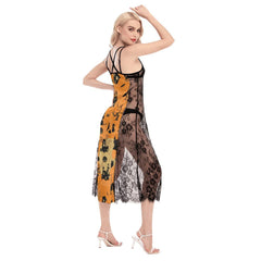 Halloween Castle Seamless All-Over Print Women Lace Cami Cross Back Dress, Gorgeous Nightgown - Wonder Skull