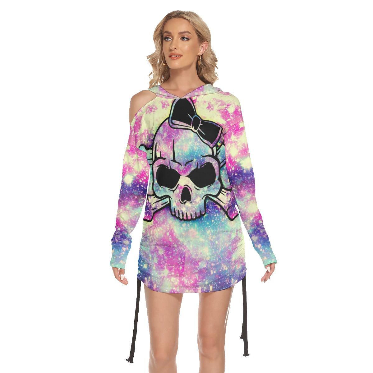 Christmas Rainbow Skull Print Open Shoulder Dress-Wonder Skull