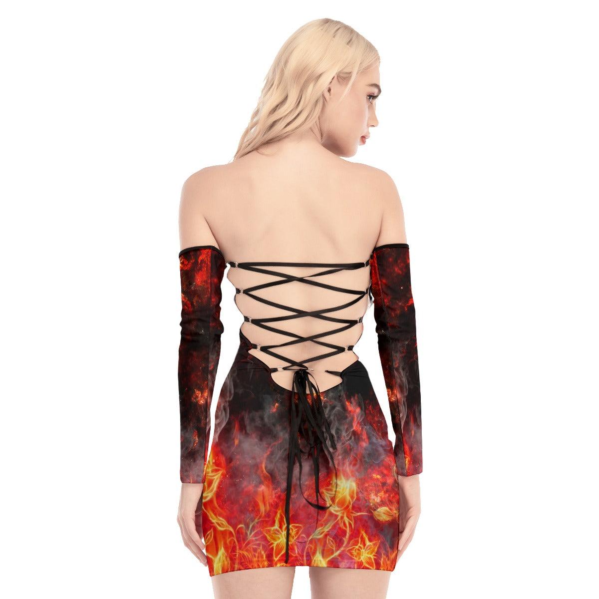 Skull Sugar Fire Off-shoulder Back Lace-up Dress - Wonder Skull