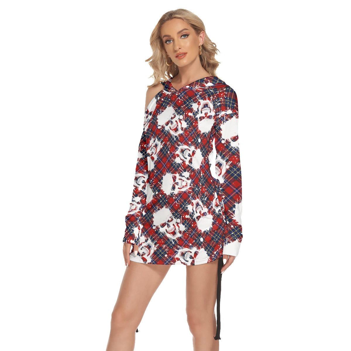 Christmas Red White Water Pot Skull Print Open Shoulder Dress - Wonder Skull
