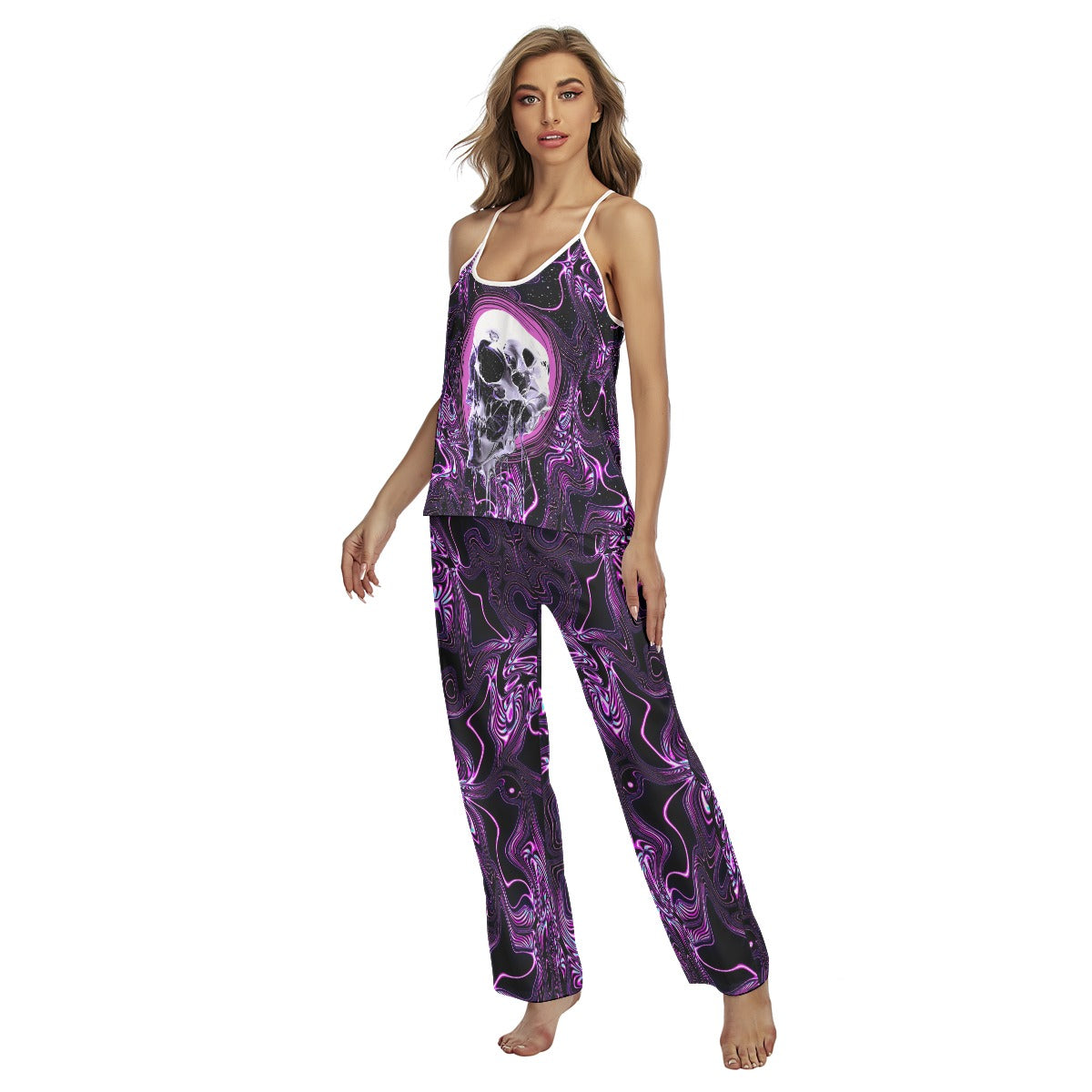 The Wonder Skull Purple Skull Silver Melt Cami Pajama Set offers comfort and style with its unique skull design and soft, breathable fabric. Perfect for lounging or sleeping, it’s durable, easy to care for, and combines fashion with coziness effortlessly.