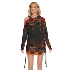 Skull Melting All Over Print Women One Shoulder Dress With Waist Shirring, Long Hoodie For Women - Wonder Skull