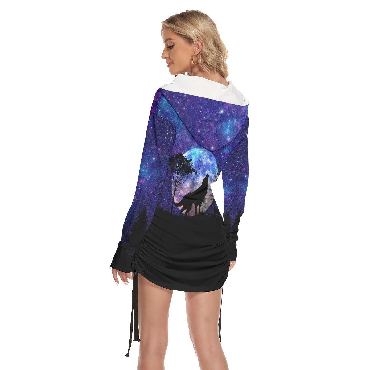 Night Moon Wolf All Over Print Women One Shoulder Dress With Waist Shirring, Long Hoodie For Women - Wonder Skull