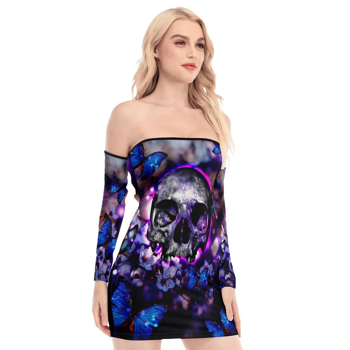 Skull Sugar Butterfly Purple Off-shoulder Back Lace-up Dress - Wonder Skull