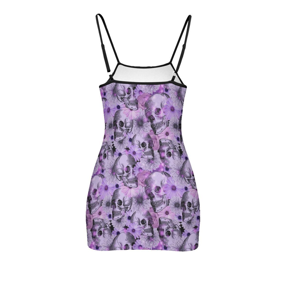Purple White Skull Daisy Printed Body Dress, Naughty Sleeveless Minidress For Women-Wonder Skull