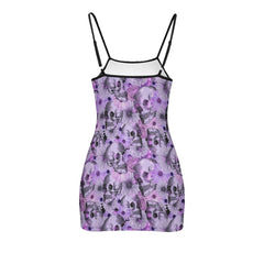 Purple White Skull Daisy Printed Body Dress, Naughty Sleeveless Minidress For Women-Wonder Skull