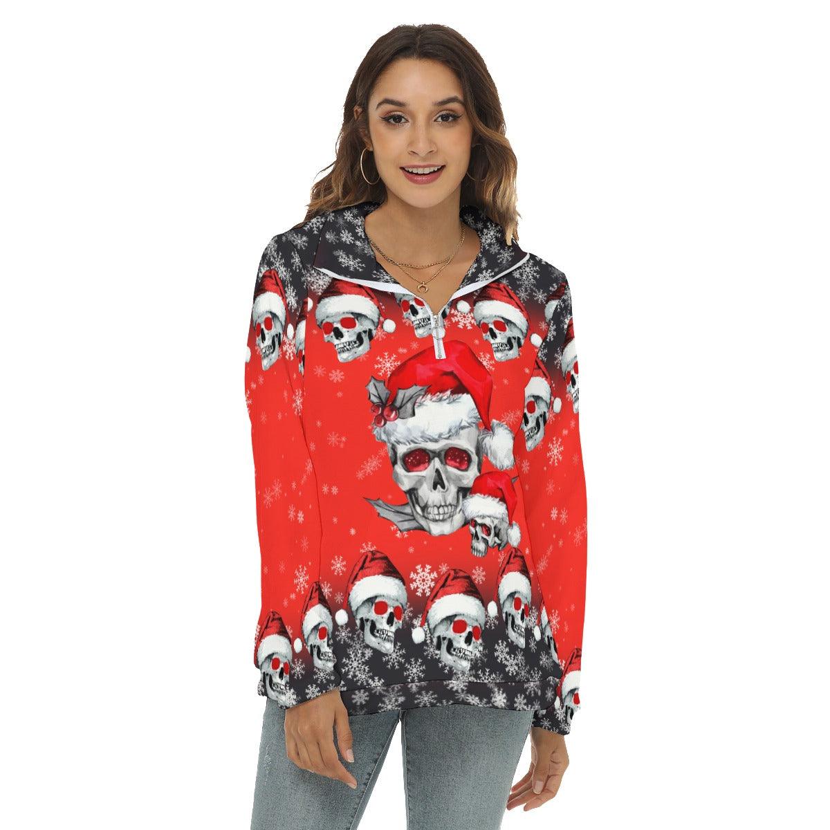 Christmas Red Skull Borg Fleece Sweatshirt With Half Zip - Wonder Skull