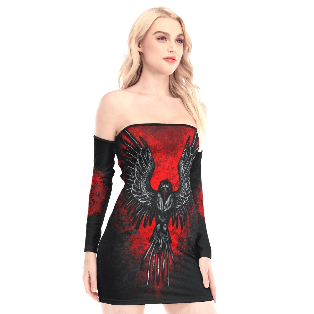 Red Sky Raven Off-shoulder Back Lace-up Dress - Wonder Skull