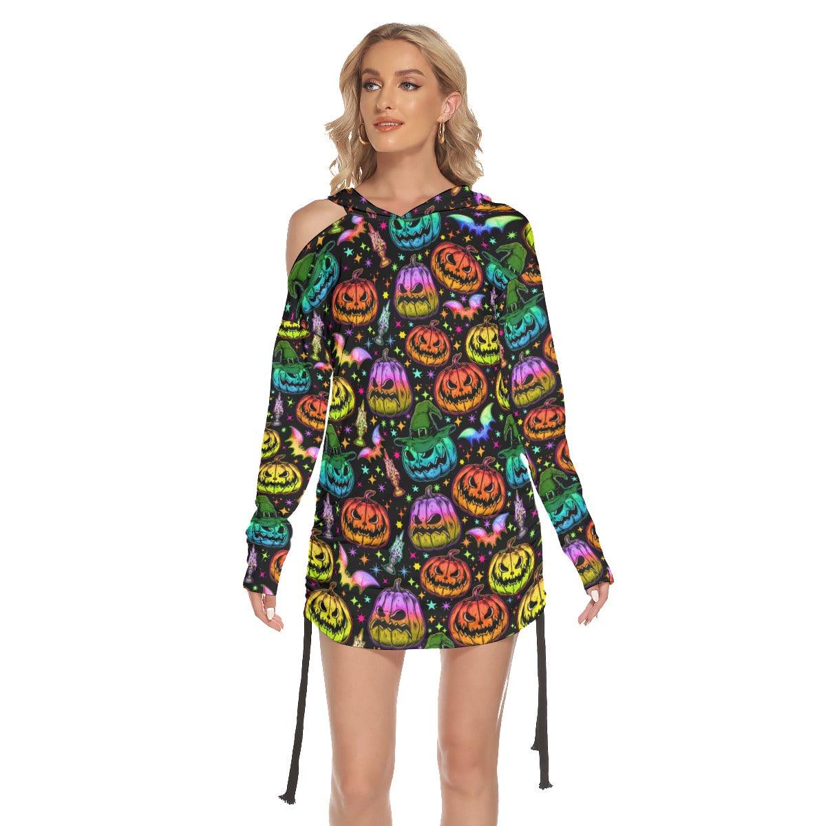 Colorful Halloween All Over Print Women One Shoulder Dress With Waist Shirring, Long Hoodie For Women - Wonder Skull