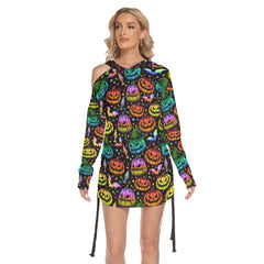 Colorful Halloween All Over Print Women One Shoulder Dress With Waist Shirring, Long Hoodie For Women - Wonder Skull
