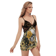Sunflower Skull Back Straps Cami Dress With Lace - Wonder Skull
