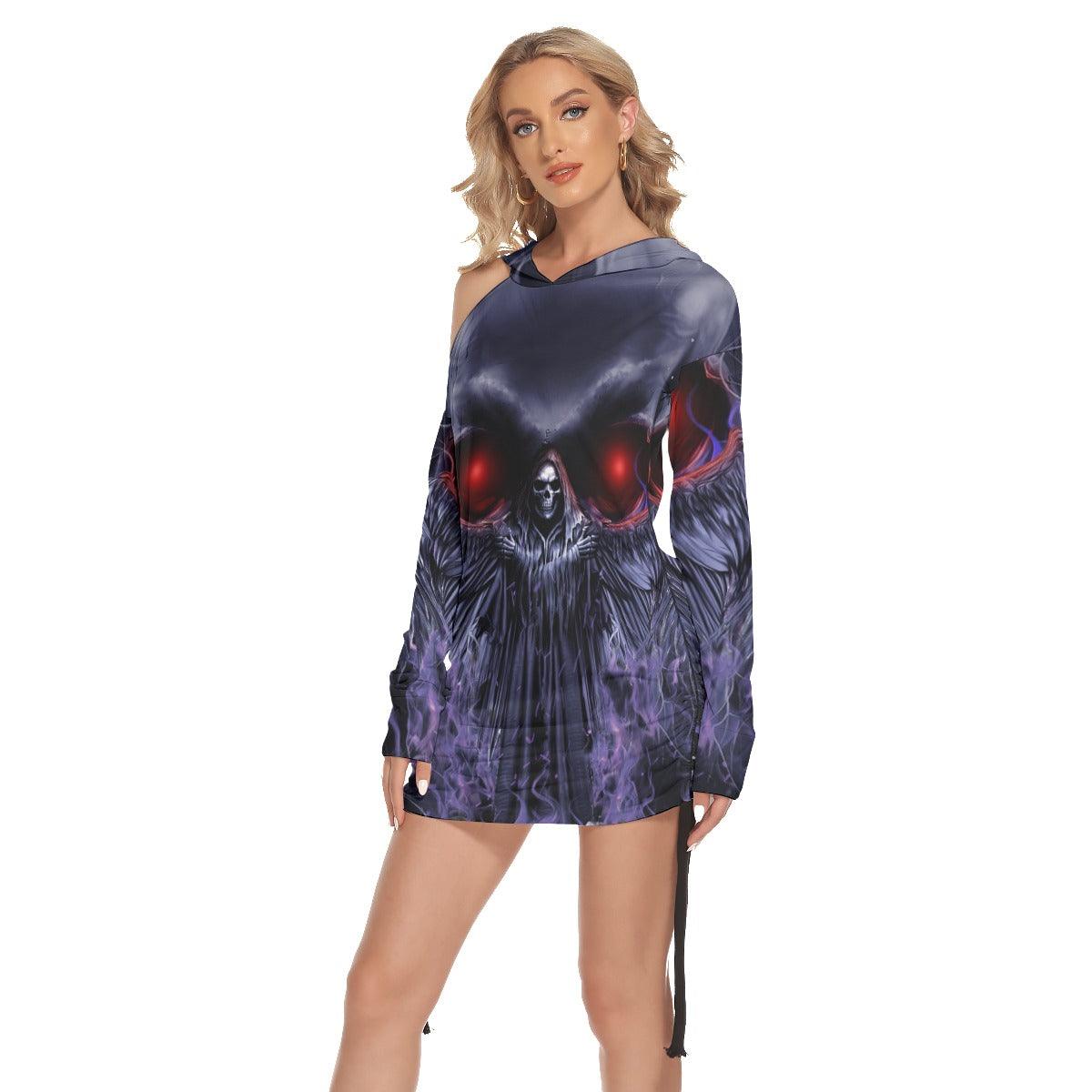 Dark Skull Death Print Open Shoulder Dress - Wonder Skull
