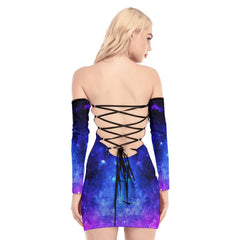 Skull Rose Galaxy Gothic Off-shoulder Back Lace-up Dress - Wonder Skull