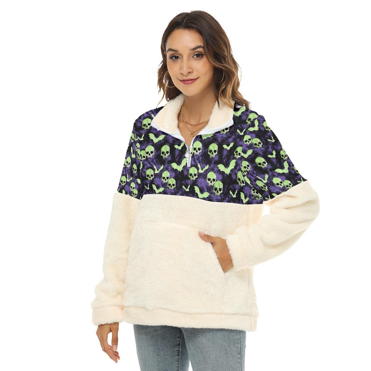 Green Skull Bat Borg Fleece Sweatshirt With Half Zip - Wonder Skull