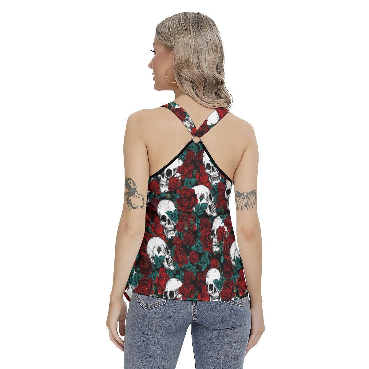 Rose Skull Pattern Women's Racing Tank Top With Irregular - Wonder Skull