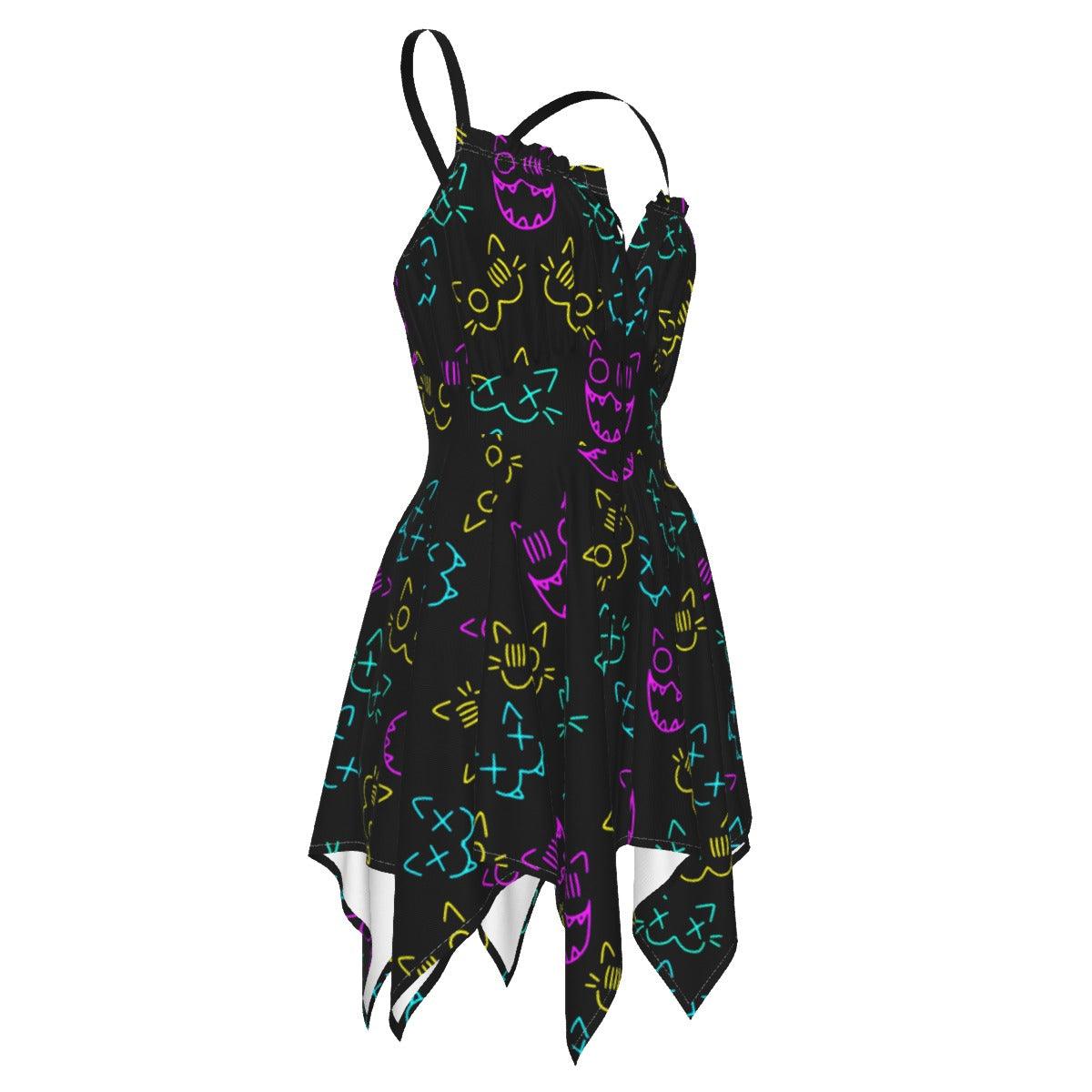 Skull Cat Neon Pattern All-Over Print Women's Slip Dress - Wonder Skull