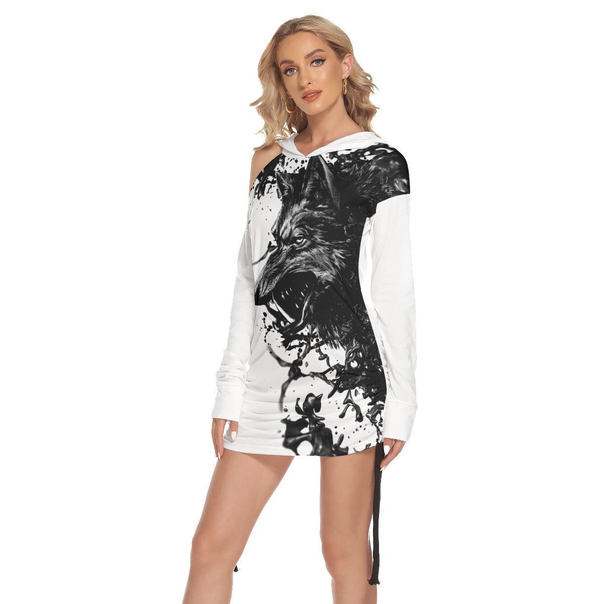 Wolf Warrior All Over Print Women One Shoulder Dress With Waist Shirring, Hot Long Hoodie For Women - Wonder Skull