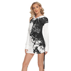 Wolf Warrior All Over Print Women One Shoulder Dress With Waist Shirring, Hot Long Hoodie For Women - Wonder Skull