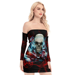 Skull Smoke Red Blue Off-shoulder Back Lace-up Dress - Wonder Skull